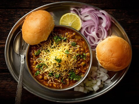 Top view of misal pav spicy gravy farsan topping onions and lemon wedge Maharashtrian street food vibrant shot