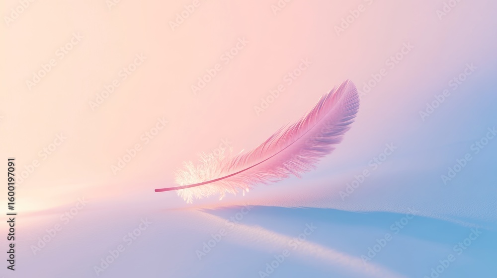Poster pink feather is floating on a white surface. the feather is light and delicate, and it seems to be f