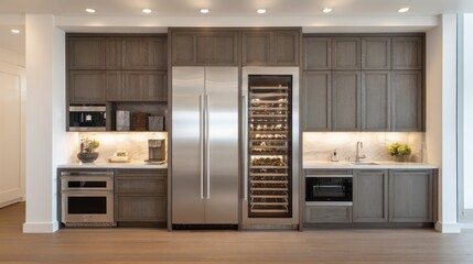 Modern, stylish kitchen bar area with built-in appliances.