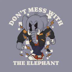 retro cartoon angry elephant mascot wearing varsity jacket