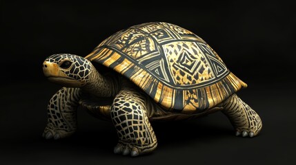 Obraz premium A turtle with a patterned shell is standing on a black background