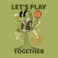 retro cartoon frog mascot spinning basketball on finger