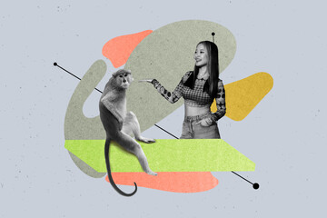 Exclusive artwork banner creative collage of happy girl point chimpanzee monkey wildlife zoo visitor pet africa on drawing background