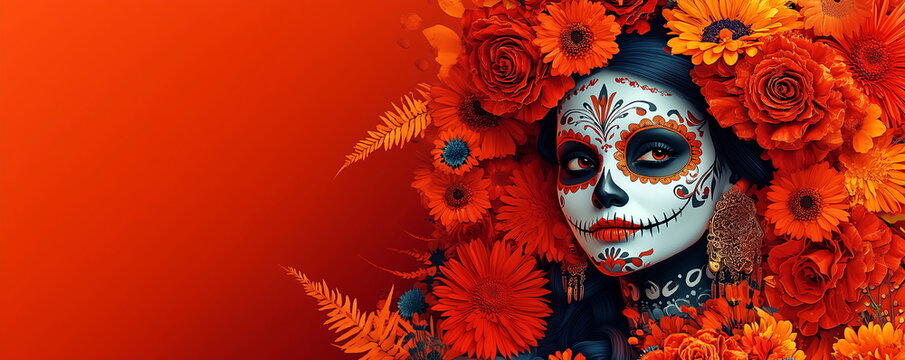 Mexican woman with elaborate sugar skull makeup for Day of Dead celebration, Calavera Catrina, Dia de los muertos, Halloween, traditional Mexican Santa Muerte. Banner with copy space