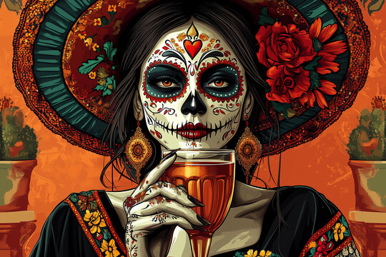 Mexican woman with elaborate sugar skull makeup drinks tequila, for Day of Dead celebration, Calavera Catrina, Dia de los muertos, Halloween, Mexican Santa Muerte. Banner, poster, card, copy space