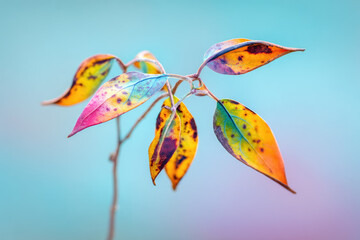 Colorful autumn leaf with vibrant spots, delicate branch, and soft blue background, symbolizing change and resilience in nature, evoking sense of hope and renewal
