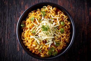 Top view of piping hot masala maggi noodles garnished coriander and cheese Indian street style snack vibrant close up
