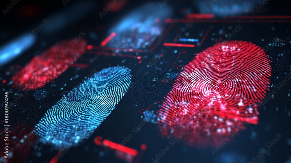 Poster biometric identification technology using fingerprint and eye recognition displayed on a digital int