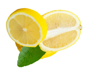 Front view of ripe yellow lemon fruit with slices in circle and oval shape with green leaf in stack...