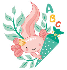 Axolotl mit Schultüte ABC Einschulung