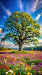 Vibrant blooming flowers on a majestic oak tree in a serene forest landscape