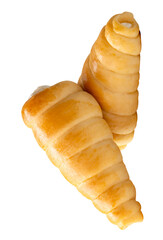 Side view of two puff pastry cream horns in stack isolated on white background with clipping path