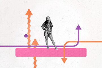 3D collage design composite trend artwork sketch of young lady stand think arrow up showing sign...