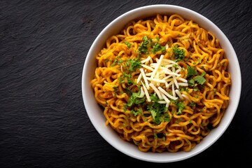 Top view of piping hot masala maggi noodles garnished coriander and cheese Indian street style snack vibrant close up