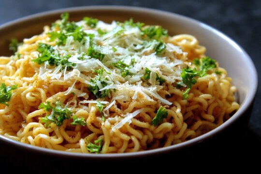 Top view of piping hot masala maggi noodles garnished coriander and cheese Indian street style snack vibrant close up