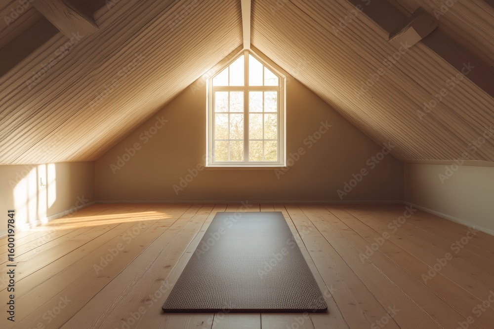 Poster yoga mat is on the floor in a room with a window. the room is empty and the sun is shining through t