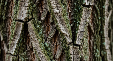 Obraz premium Close up shot of textured tree bark with green moss and deep crevices showing natural patterns and details