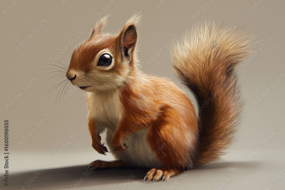 Poster a cute little squirrel with a fluffy tail is sitting on a grey surface. the image has a warm and inv