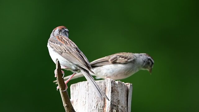Two Chipping Sparrows perched on a Cedar post, slow motion