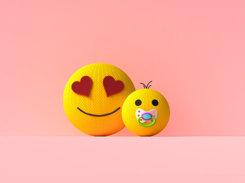 Naklejki Knitted 3d smiley emoji mother and baby with pacifier on pink background