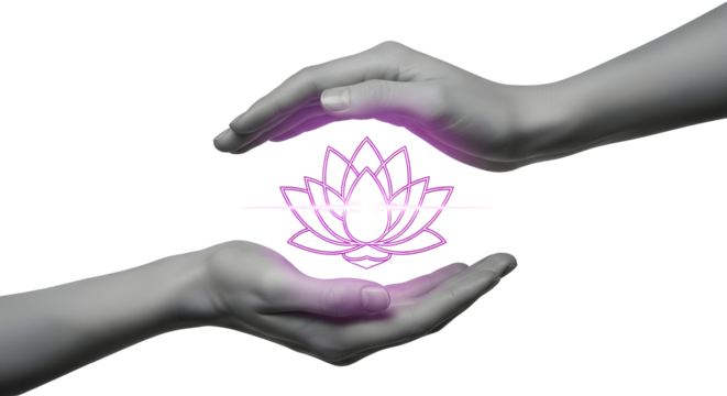 Hands Holding a Glowing Purple Lotus Flower - Symbol of Spirituality and Tranquility