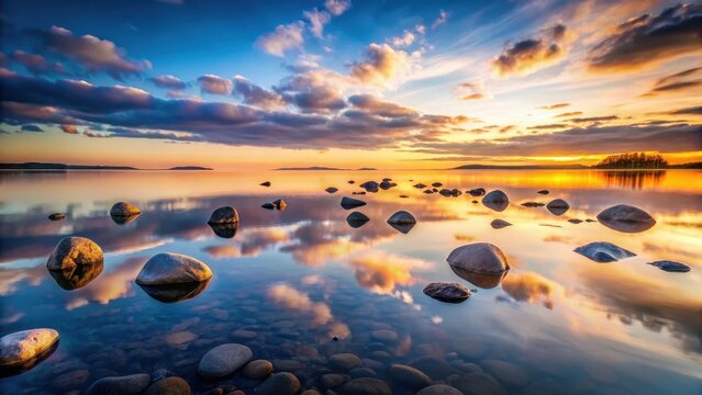 Distorted reflections on dusky water surface created by thrown rocks