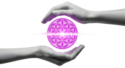 Hands Hold Energetic Flower of Life Orb with Sound Wave Visualization on Black Background