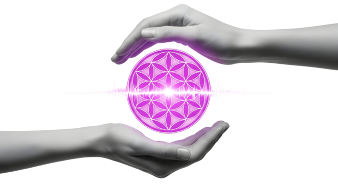 Hands Hold Energetic Flower of Life Orb with Sound Wave Visualization on Black Background