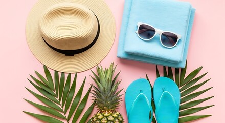 A flat lay arrangement of summer vacation essentials including a straw hat