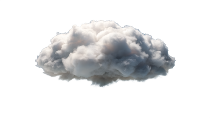 A dense fluffy white cumulus cloud with subtle gray shadows is floating in the sky isolated on transparent background