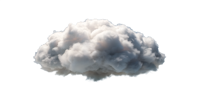 A dense fluffy white cumulus cloud with subtle gray shadows is floating in the sky isolated on transparent background