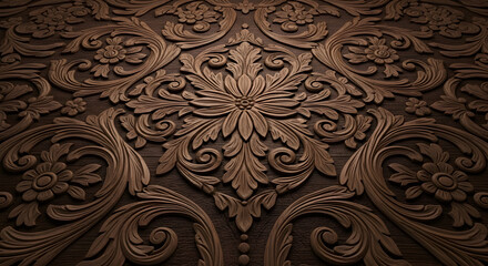 Close up of intricate floral wood carving with detailed swirls and symmetrical leaf patterns design