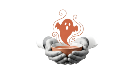 Halloween Treat: Steaming Bowl with Playful Ghost Rising from Hand-held Warmth 