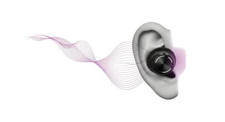 Sleek wireless earbud with dynamic audio waves showcases innovative sound technology.