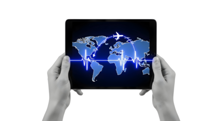 Global Connectivity: Hands hold tablet showing world map, plane route, and heartbeat line