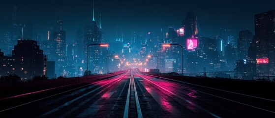 Fototapeta premium Neon Cityscape at Night: Futuristic Road Leading to Glowing Metropolis