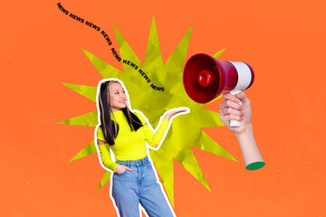 Composite 3d art pop collage of happy girl show hand hold megaphone propaganda fake news brainwash tattle narrative broadcast