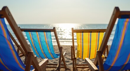 Serene Beach Sunset: Vibrant Striped Deck Chairs Facing Ocean