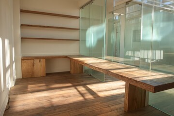 Fototapeta premium Wooden built-in shelving unit with a bench and desk.