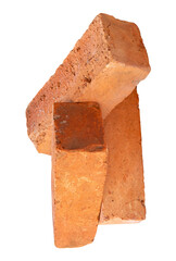 Side view of three cracked old red or orange bricks in stack isolated with clipping path in png file format