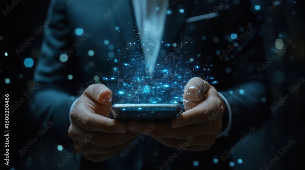 Poster business management technology concept: businessman using smartphone with virtual screen of erp icon