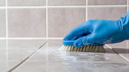 hand with blue protective glove is scrubbing tiles using a brush. grout cleaning and tile maintenance, focusing on hygiene and cleanliness concepts
