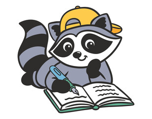 Waschbär schreibt ins Heft