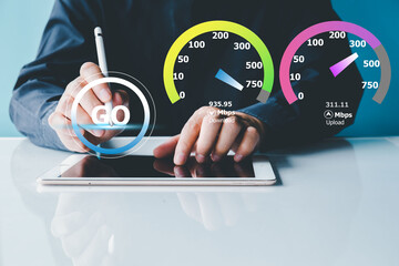 Businessman press button Internet Speed Test ,Upload Download speed test with modern design  gauge,...