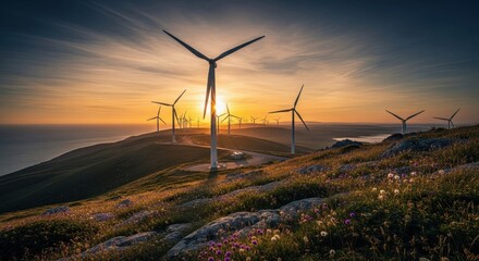 Naklejka premium Wind turbines stand on a hilltop at sunset, generating clean energy, with the ocean visible.