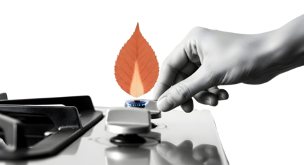 Sustainable Energy Concept: Autumn Leaf Flame on Gas Stove - Eco-Friendly Heating and Clean Energy
