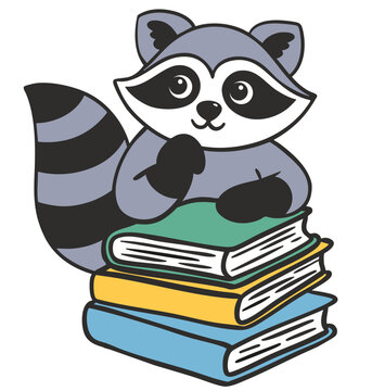 nachdenklicher Waschb&auml;r auf B&uuml;cherstapel