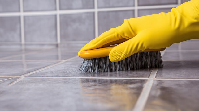 hand with yellow protective glove is scrubbing tiles using a brush. grout cleaning and tile maintenance, focusing on hygiene and cleanliness concepts