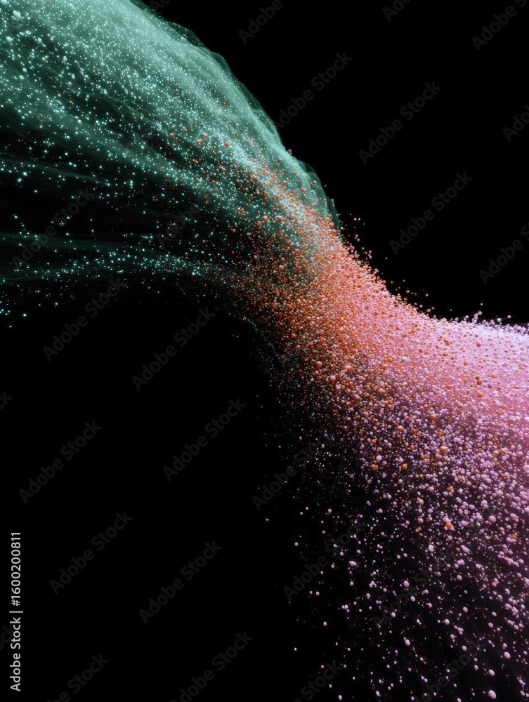 Poster abstract digital art piece that appears to be made up of small particles. the background is black, a