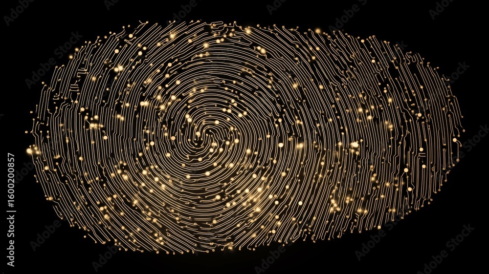Poster biometric fingerprint design with glowing lines and dots representing advanced ai technology